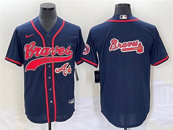 Men's Atlanta Braves Navy Team Big Logo Cool Base With Patch Stitched Baseball Jersey